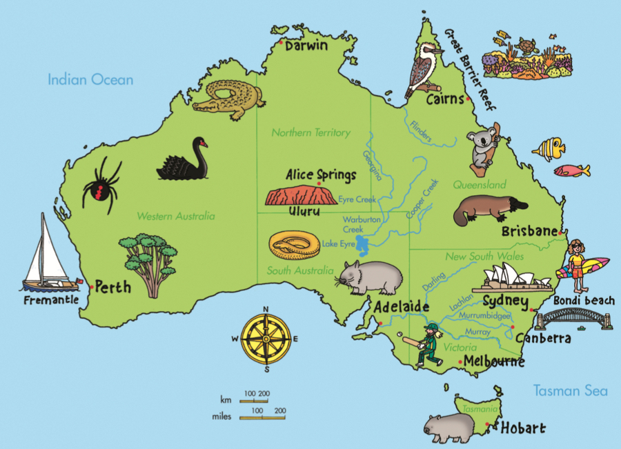Карта австралии с городами на английском